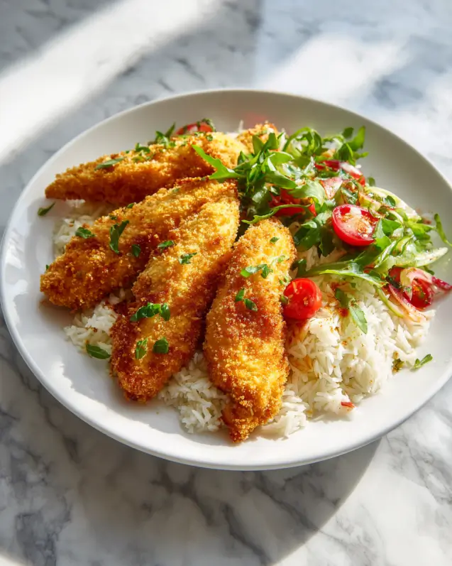 Aiguillettes de poulet à la poêle panées servies avec riz pilaf et salade fraîche