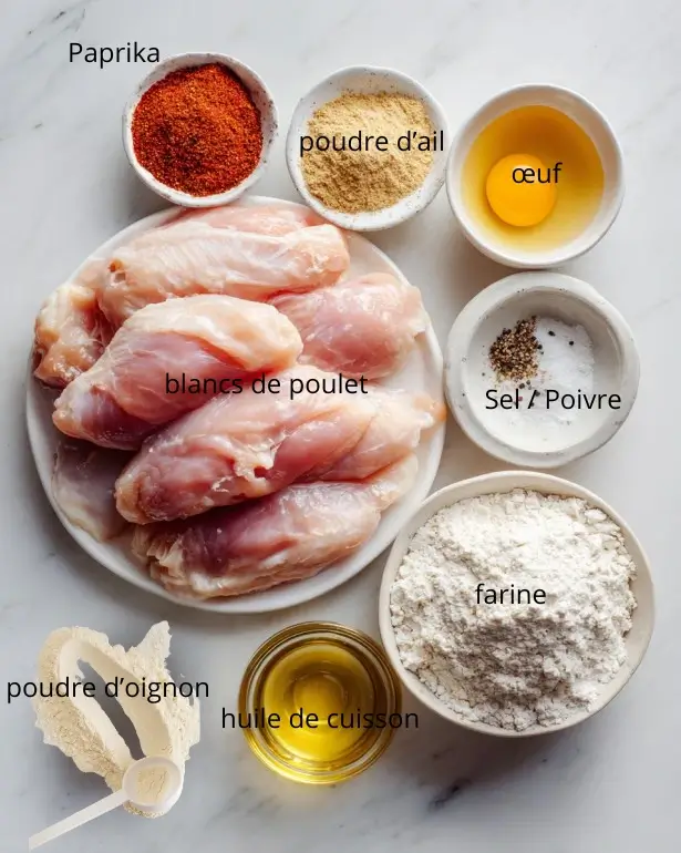 Ingrédients aiguillettes de poulet à la poêle panées : poulet, farine, épices, œuf, huile
