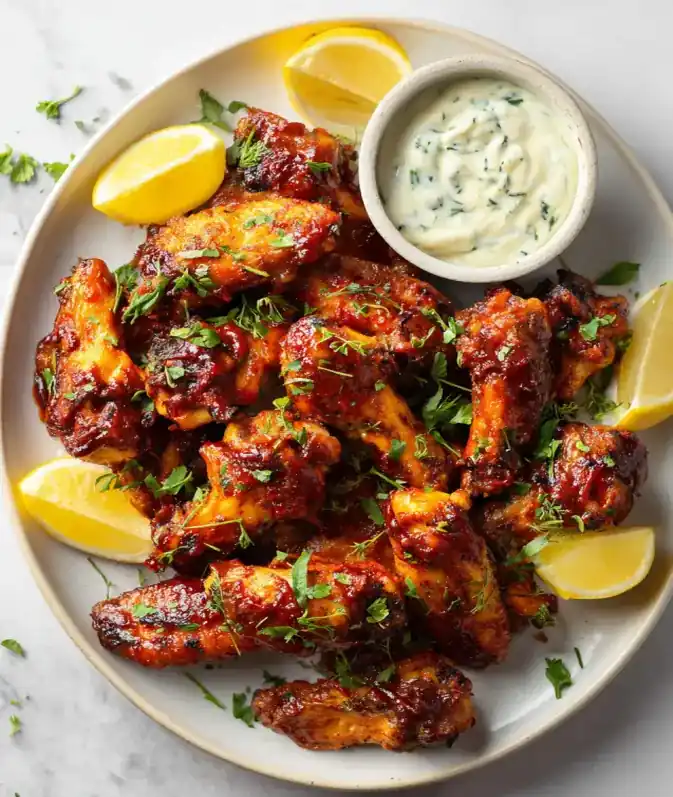 ailes de poulet au four servies avec sauces