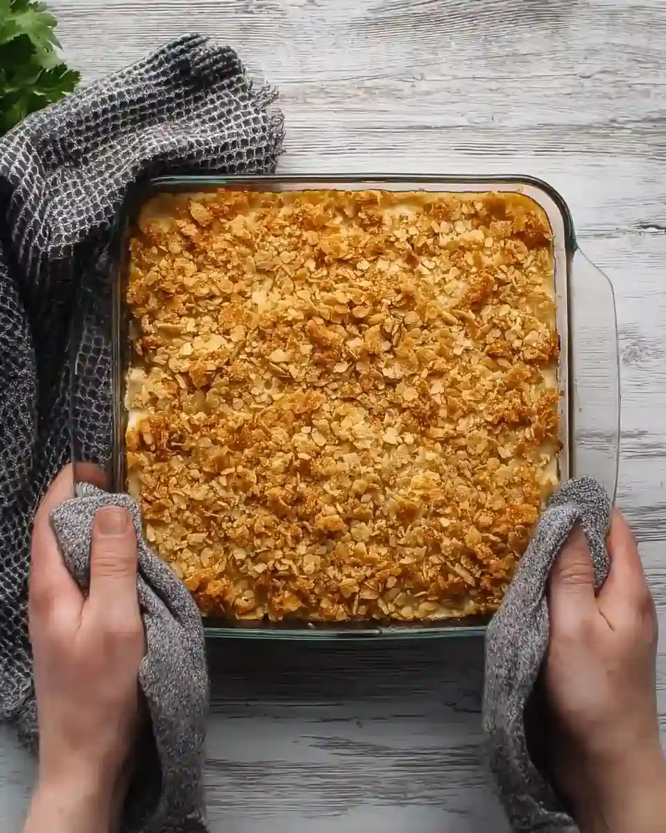 Plat carré de casserole de poulet millionnaire avec une croûte dorée et croustillante