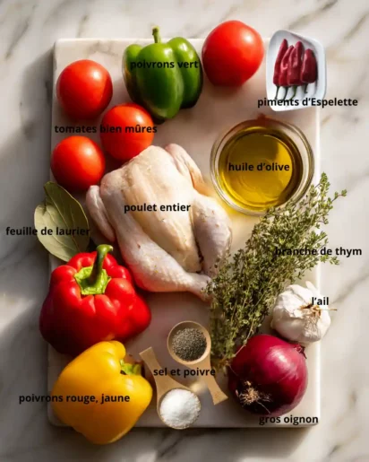 Ingrédients frais pour le Poulet Basquaise avec poulet entier, tomates mûres, poivrons rouge, vert et jaune, oignon, ail, piments d’Espelette, thym, laurier, huile d’olive, sel et poivre