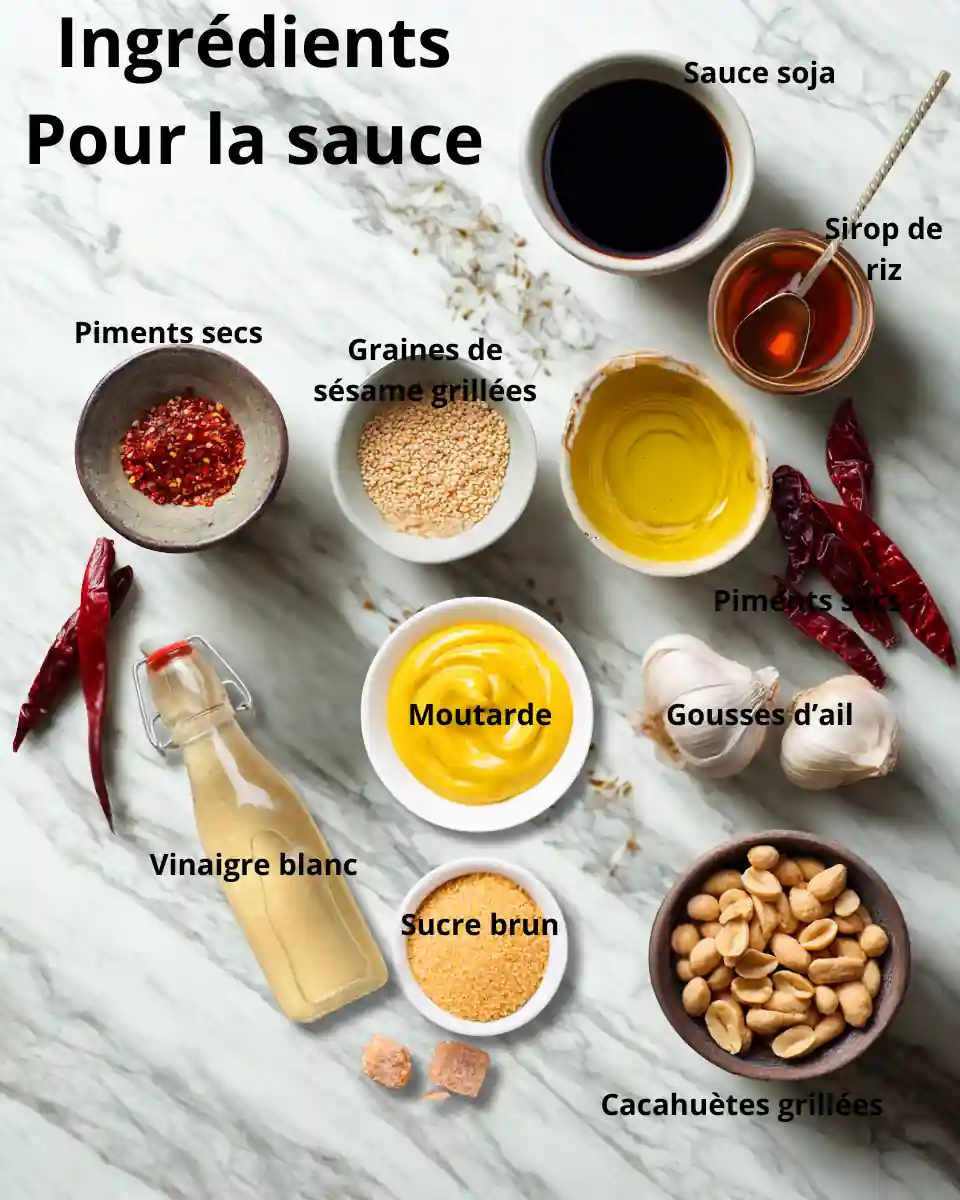Ingrédients de la sauce du poulet frit coréen : ail, sauce soja, sirop de riz, vinaigre, moutarde, sucre brun, graines de sésame, piments secs et cacahuètes
