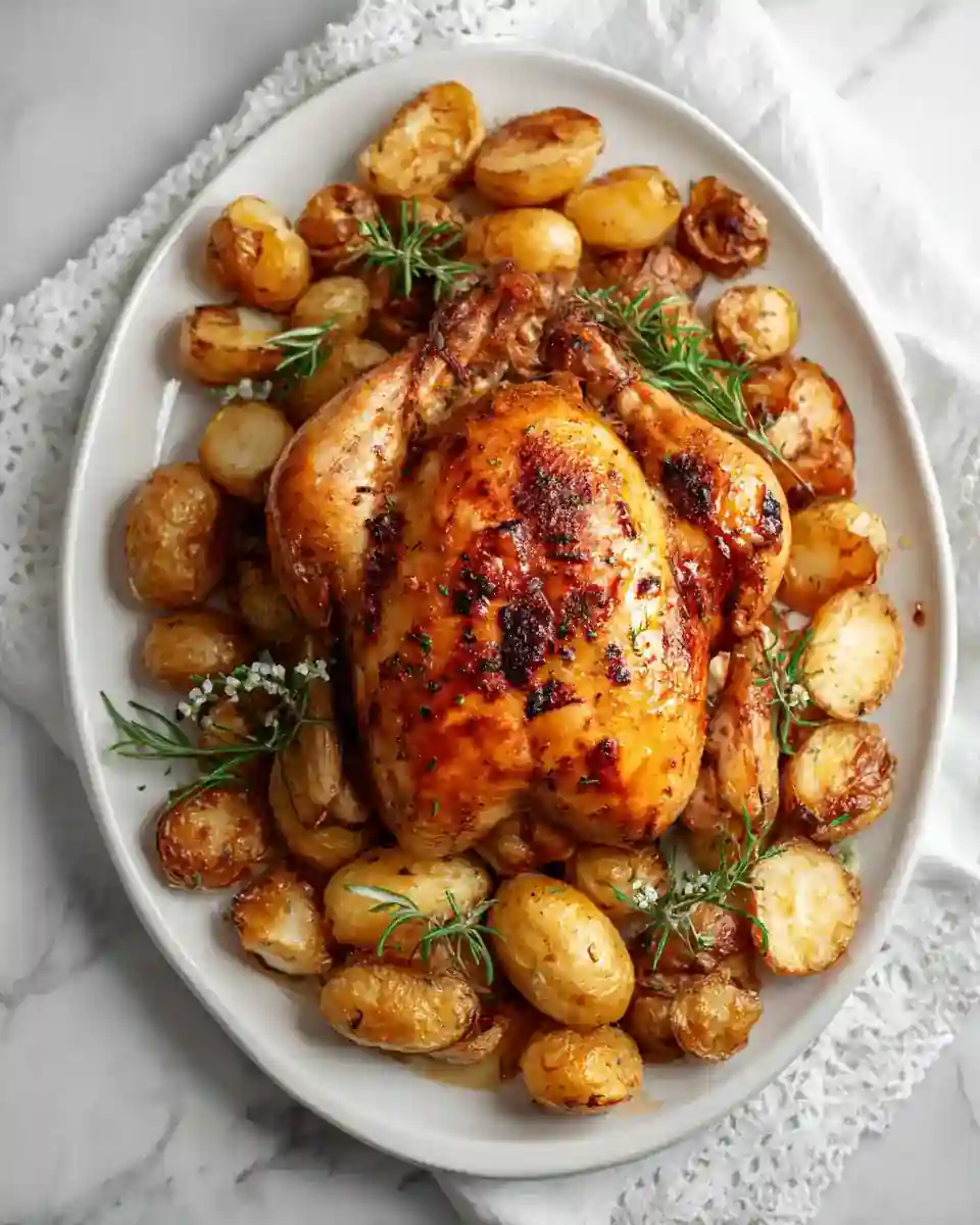Poulet rôti servi avec pommes de terre croustillantes