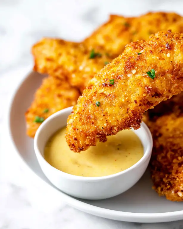 Aiguillettes de poulet à la poêle panées dorées servies avec citron et persil