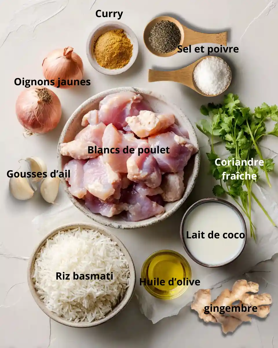 Ingrédients de la recette indienne de poulet au curry avec lait de coco, oignons, ail, gingembre et riz basmati