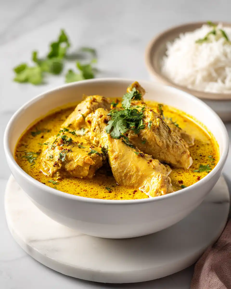 Poulet curry recette maison au lait de coco, doré et parfumé, garni de coriandre et servi avec riz basmati