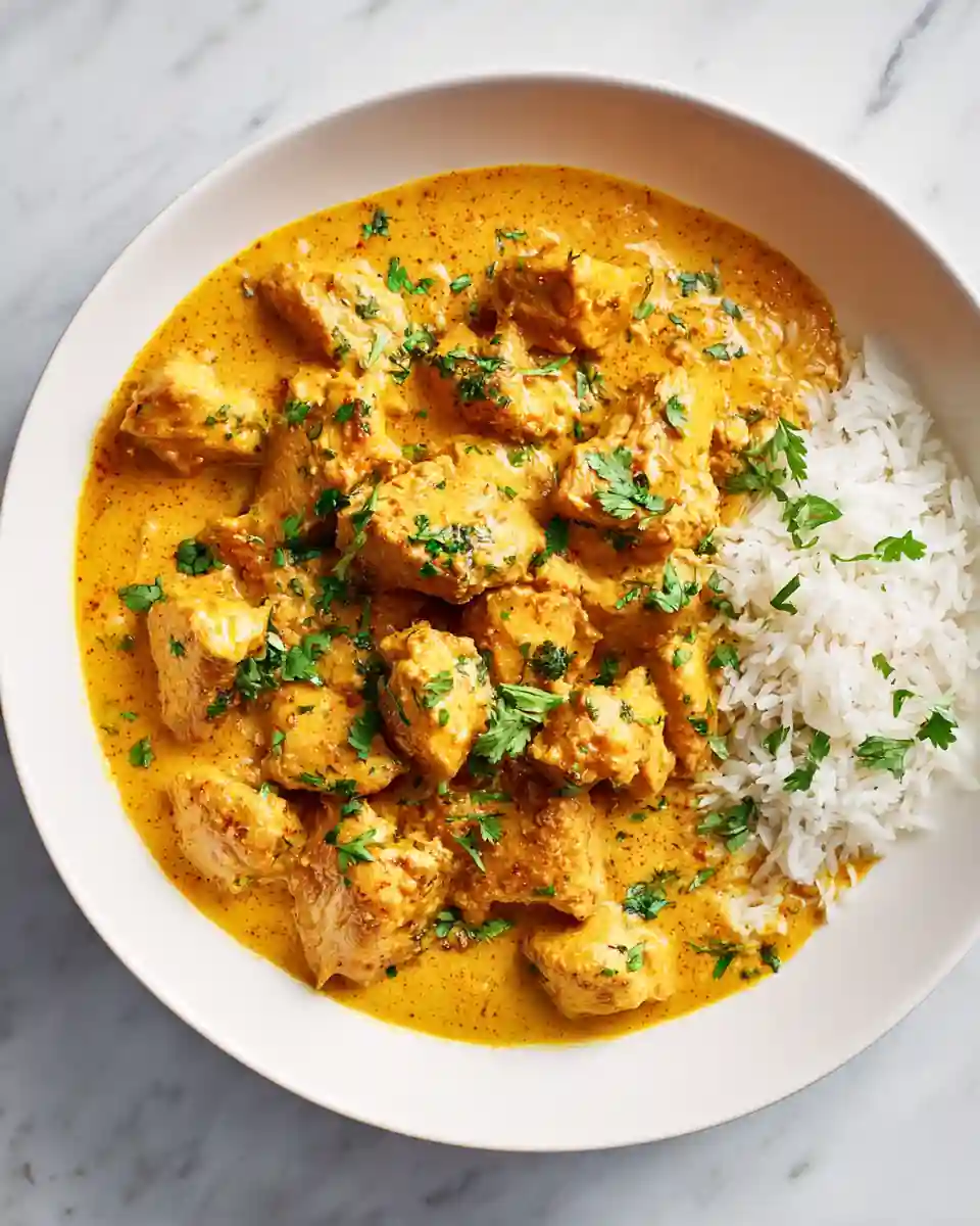 Poulet curry recette facile et parfumée, servie avec riz basmati et coriandre fraîche, vue du dessus