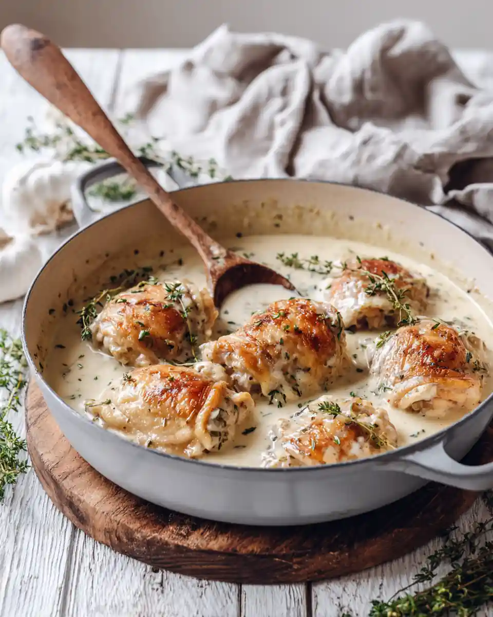Recette de cuisse de poulet à la crème dans une cocotte avec sauce onctueuse
