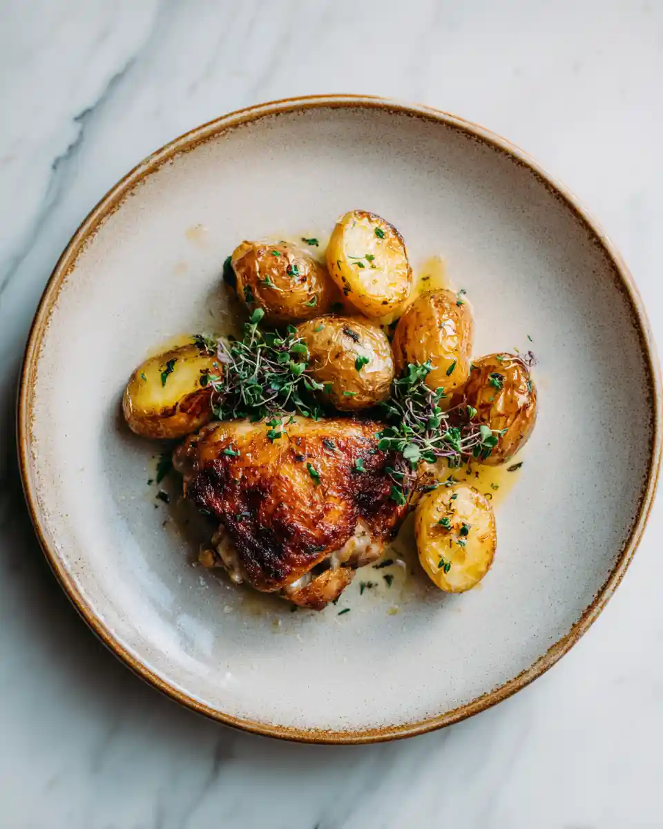 Recette cuisse de poulet au four avec pomme de terre sur assiette élégante