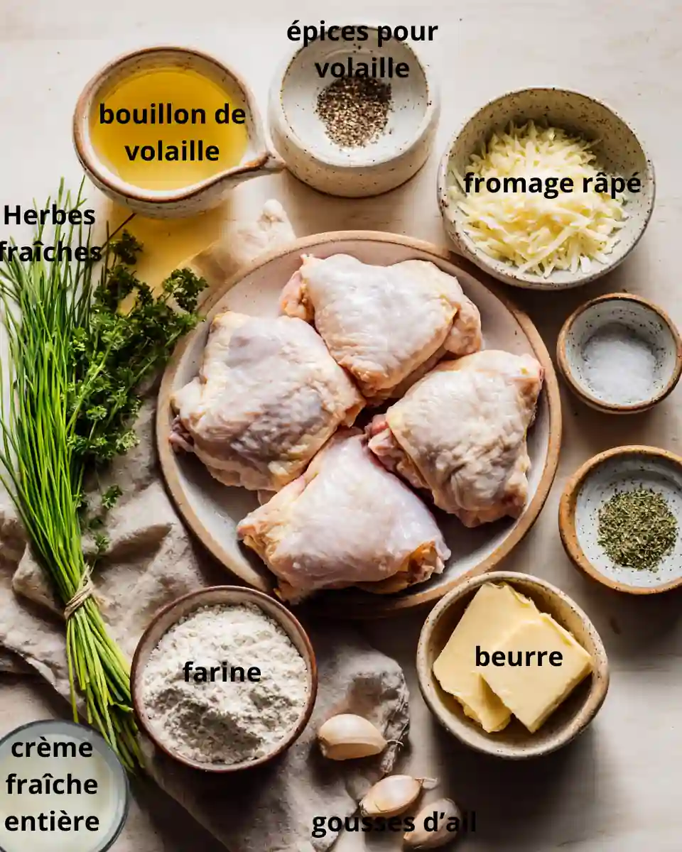 Ingrédients pour la recette de cuisse de poulet à la crème