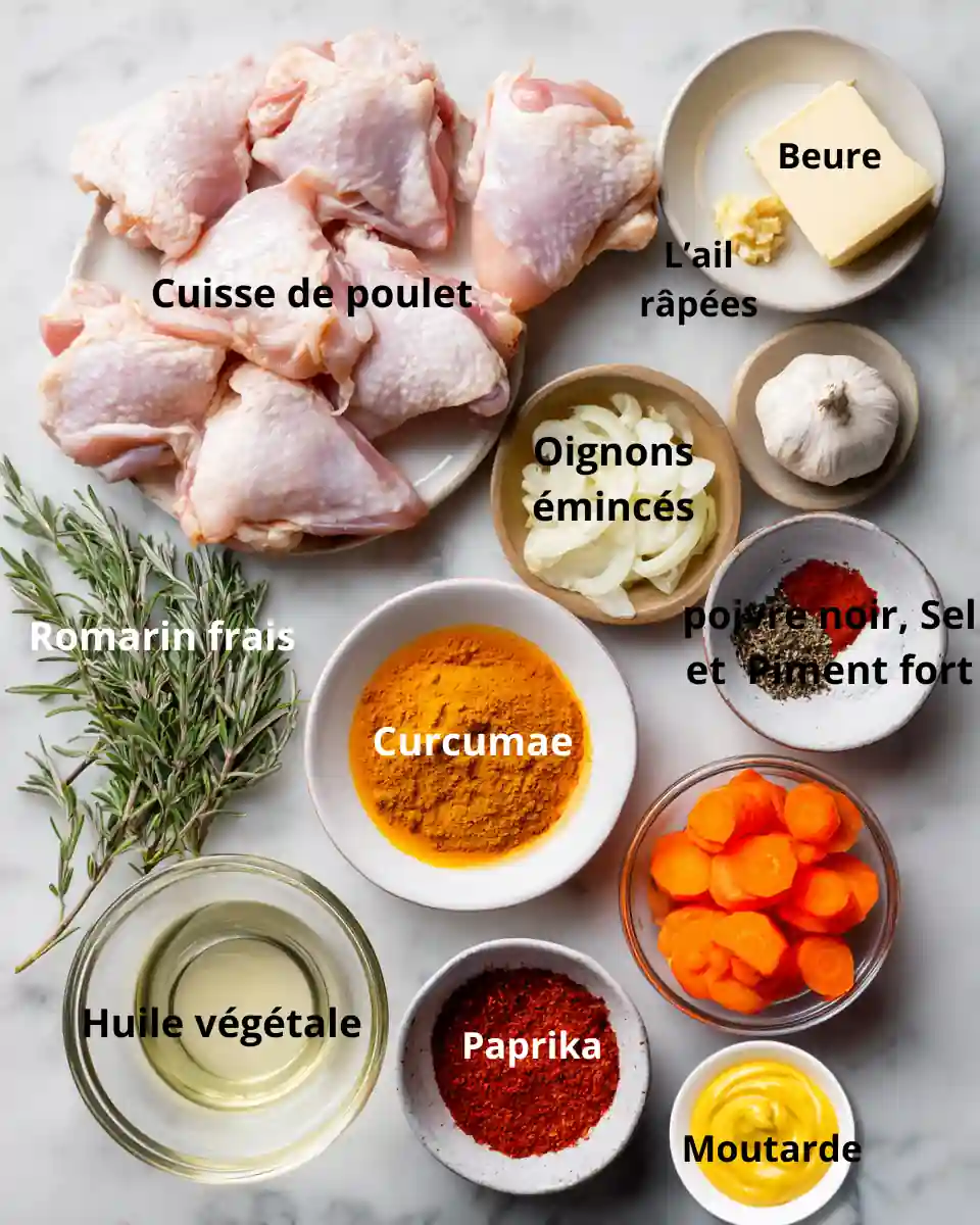 Ingrédients pour la recette de cuisse de poulet en sauce avec moutarde, curcuma, paprika, ail, romarin et beurre sur fond de marbre blanc