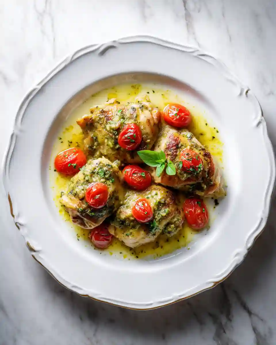 cuisse de poulet servie avec sauce au pesto sur fond marbre