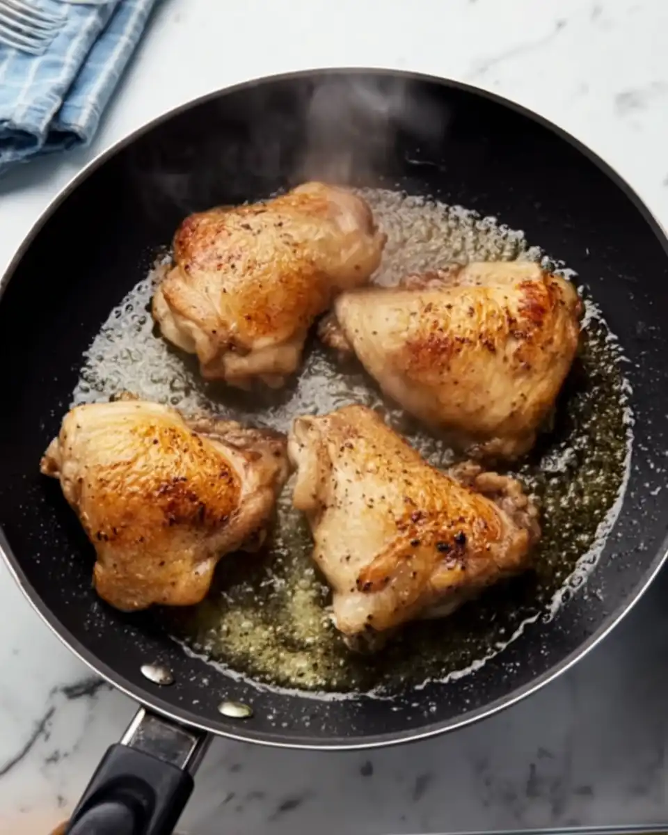 Recette de cuisse de poulet en sauce dorée dans une poêle avec beurre et huile