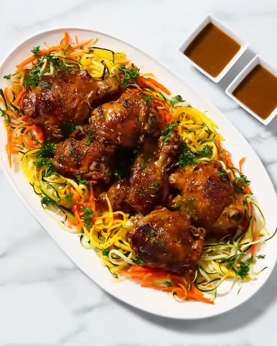 Recette de cuisse de poulet en sauce marocaine servie avec légumes râpés et ramequins de sauce
