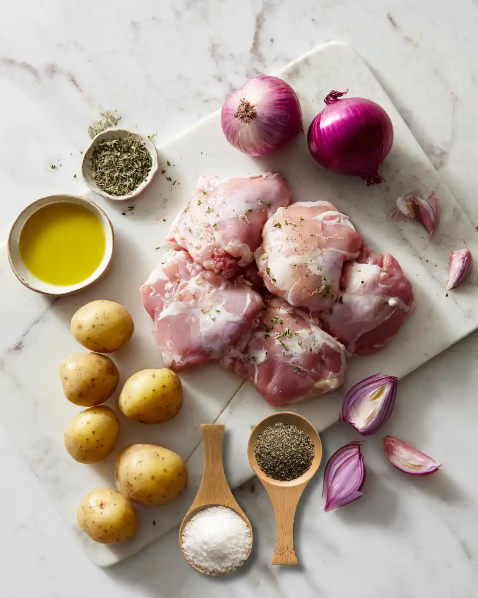 Recette cuisse de poulet au four avec pomme de terre – ingrédients crus sur marbre