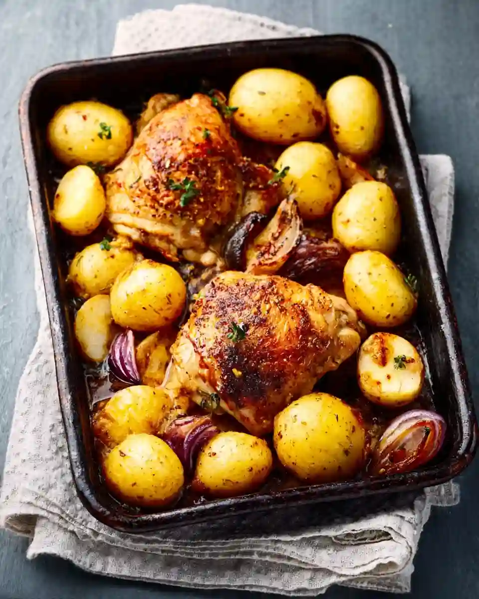 Recette cuisse de poulet au four avec pomme de terre servie dans plat rustique