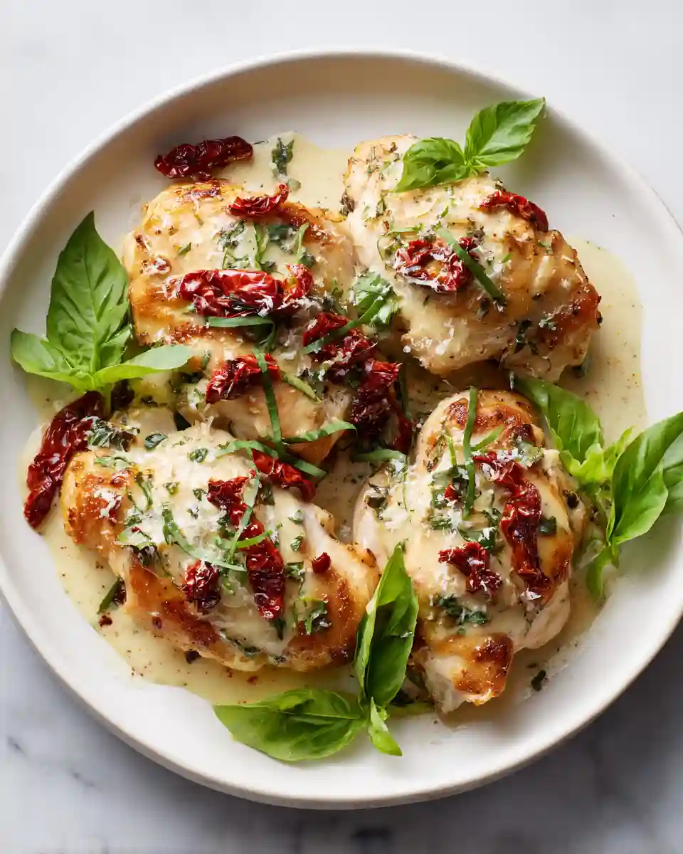 Dressage chic : poulet à la crème servi avec du basilic