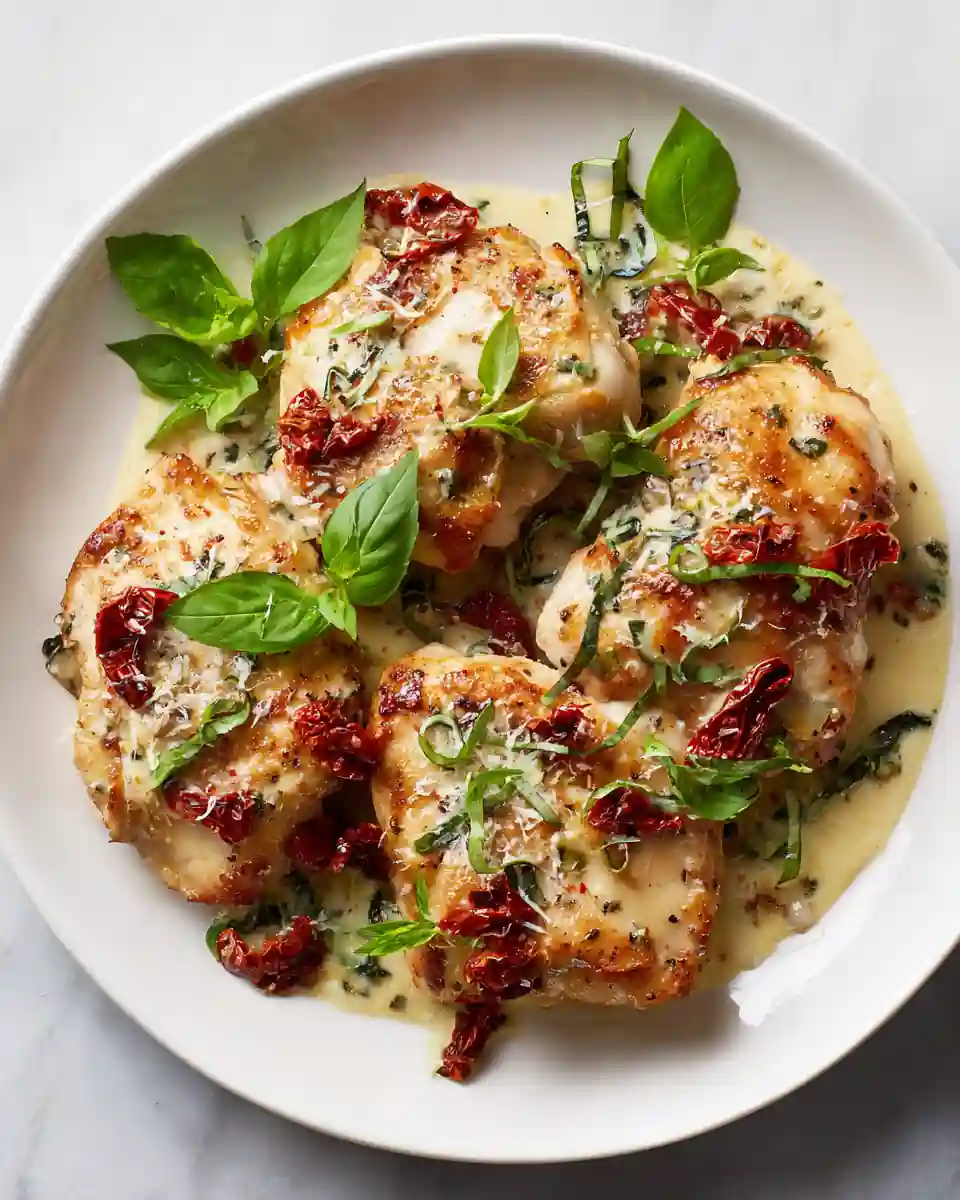 Cuisses de poulet crémeuses avec basilic et tomates séchées