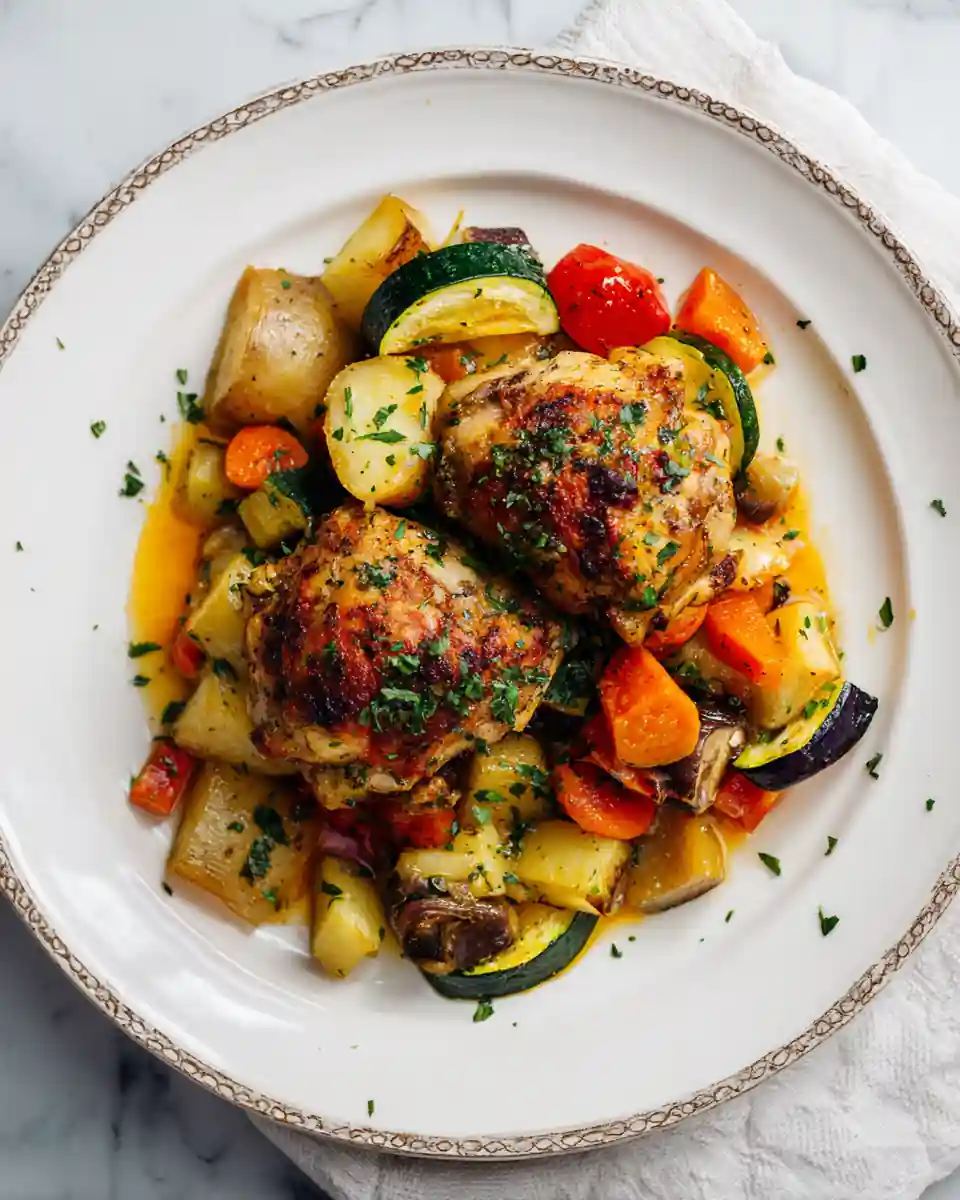Cuisses de poulet servies avec légumes colorés