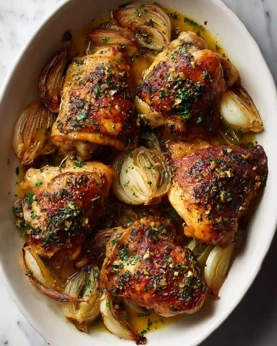 Cuisses de poulet rôties au four avec oignons caramélisés
