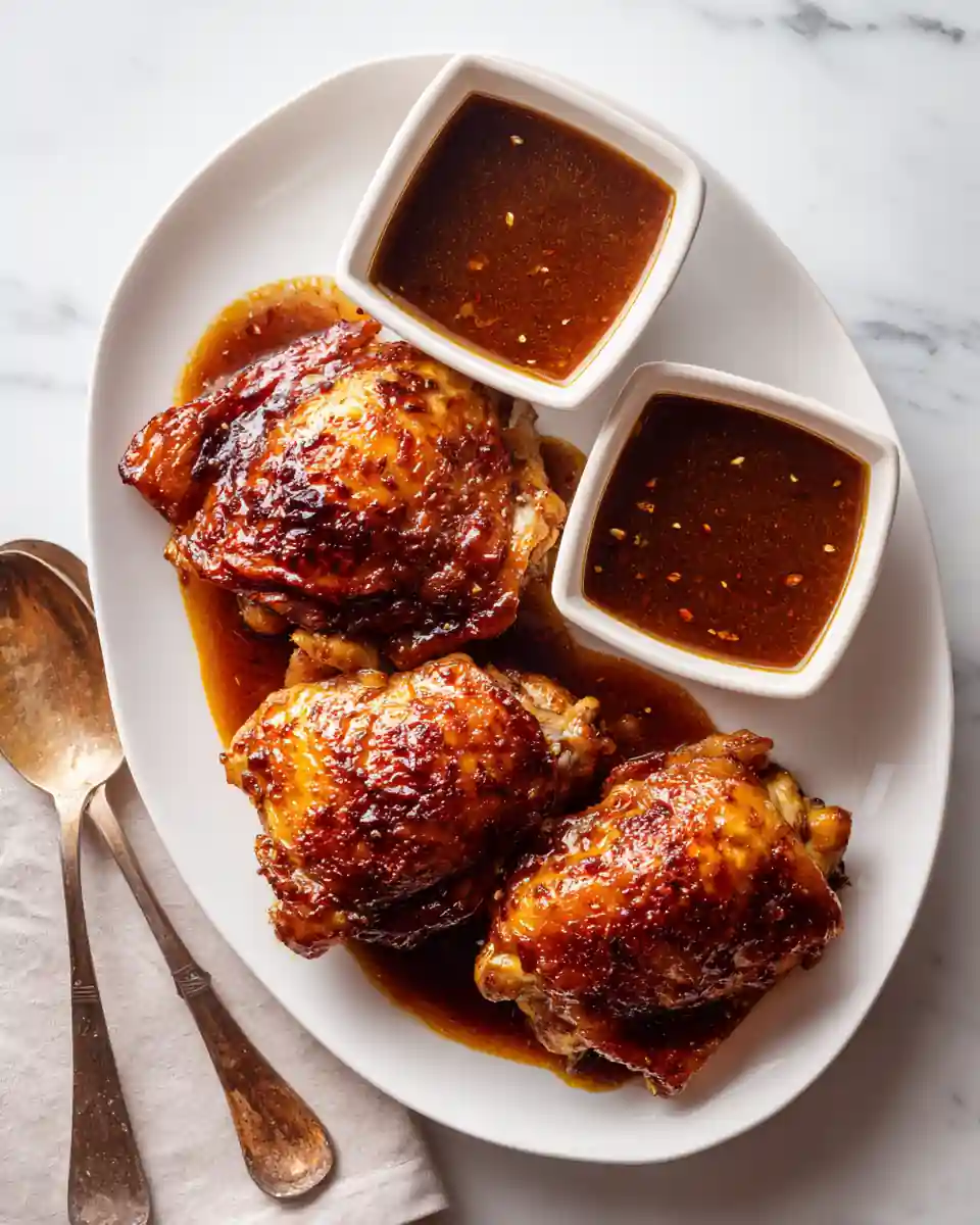 Cuisses de poulet nappées d’une sauce foncée au four