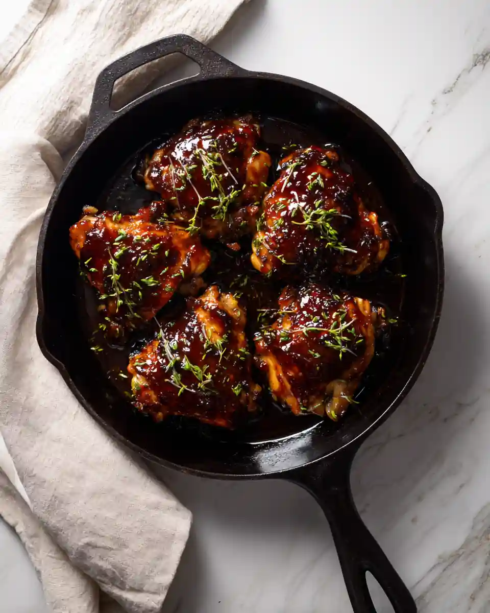 Cuisses de poulet laquées dans une poêle en fonte