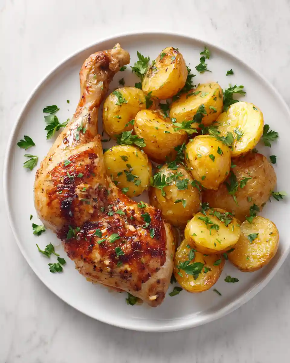Cuisse de poulet rôtie avec pommes de terre dorées