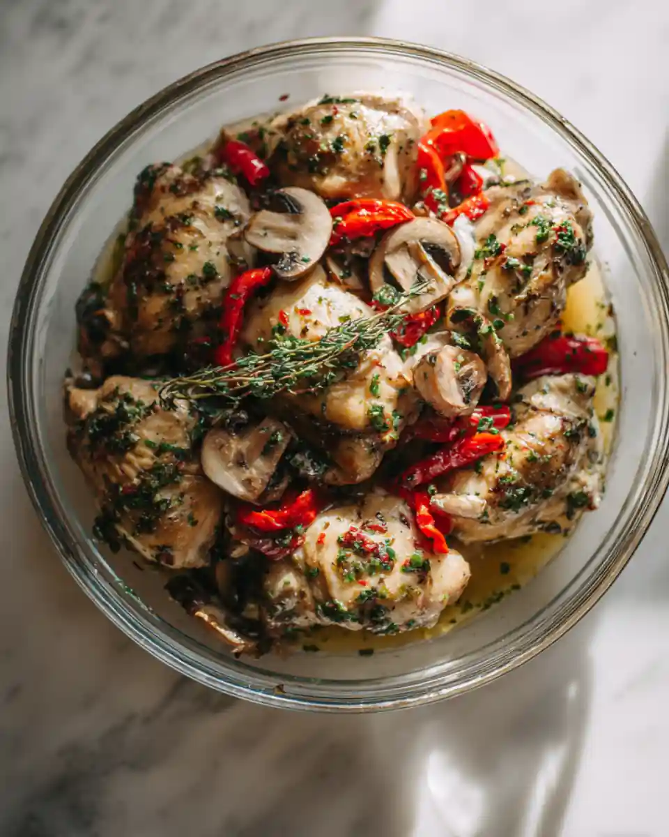 cuisse de poulet marinade citron champignons au four