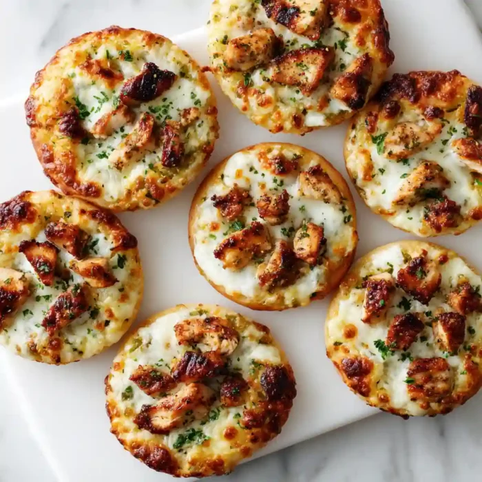 mini pizza poulet rôti, crème fraîche et mozzarella sur planche blanche