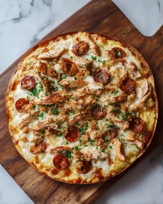 pizza poulet et chorizo de volaille, scamorza fondue, base crème