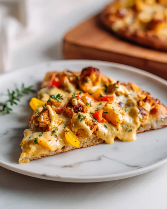pizza poulet curry avec cheddar fondant et poivrons jaunes