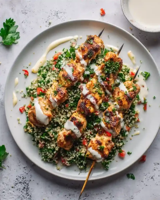 brochettes de poulet mariné au yaourt servies avec taboulé et sauce