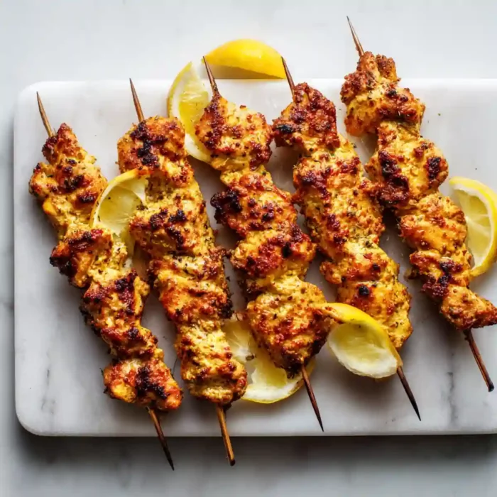Brochette de poulet grillées façon kebab sur marbre blanc