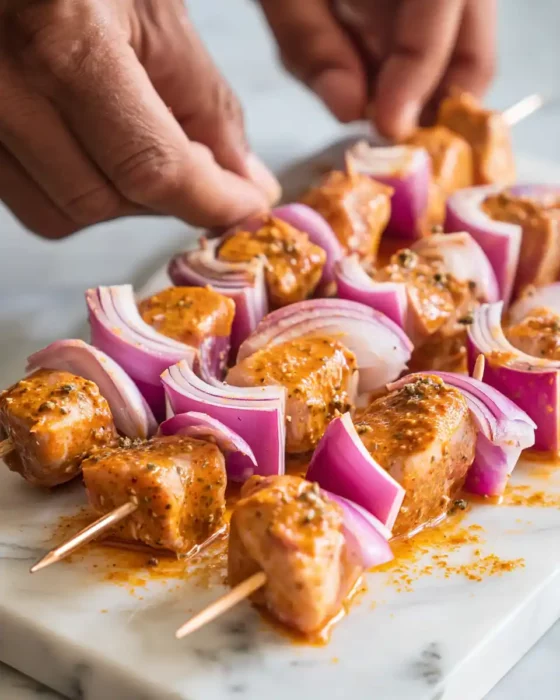 Montage des brochettes de poulet crues