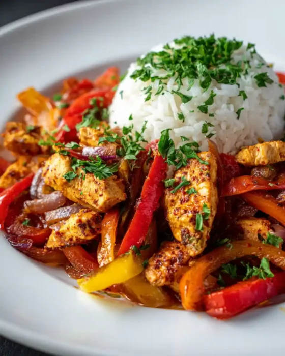 Assiette de poulet aux poivrons avec riz
