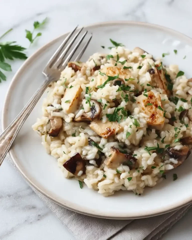 assiette de risotto champignon poulet servie avec parmesan