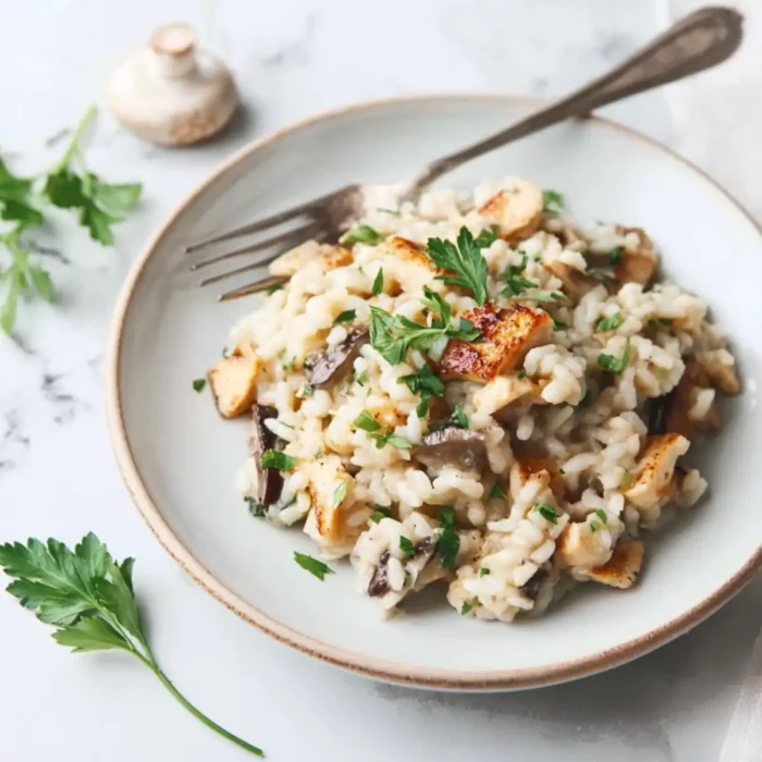 risotto champignon poulet crémeux servi dans une assiette blanche