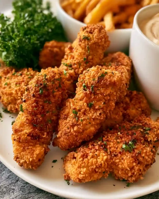 Poulet pané air fryer croustillant servi avec des frites et une sauce